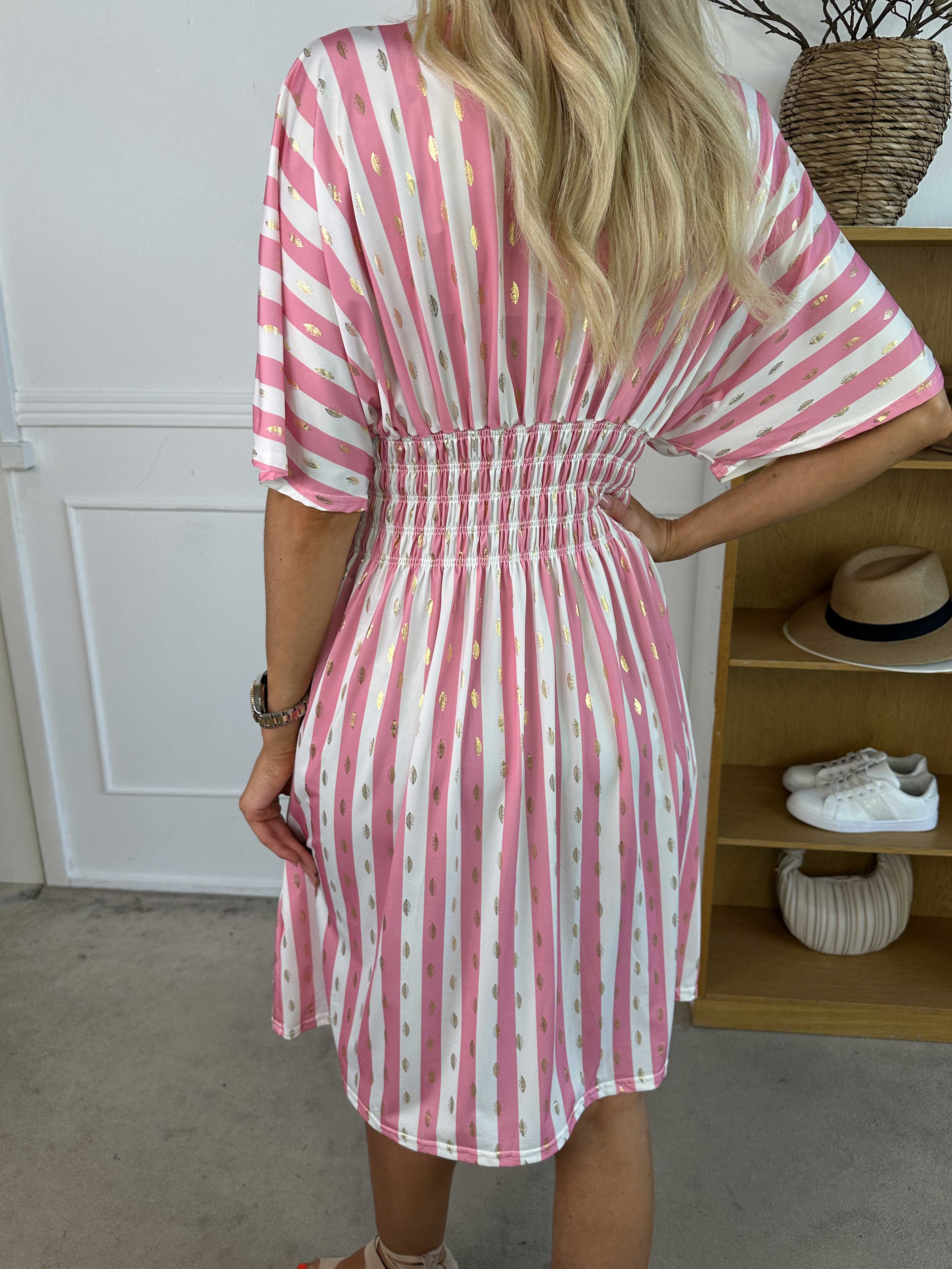 Pams Stripe Short - Stribet elastisk kjole med guld detaljer